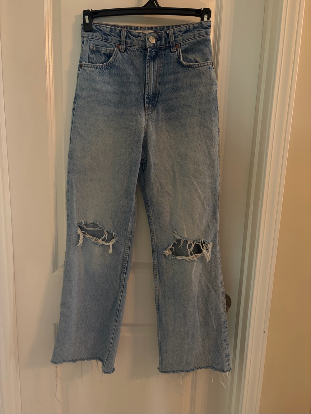 Zara Light Blue Distressed Women's Jeans - High Rise Wide Leg